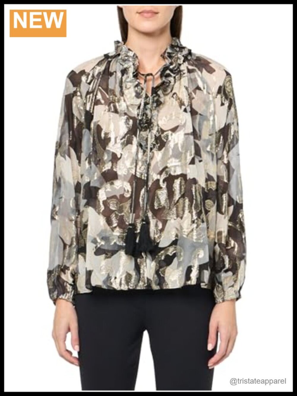 Kobi Halperin Silk Blouse Long Sleeve Gold Jacquard Henley Neck Relaxed Fit